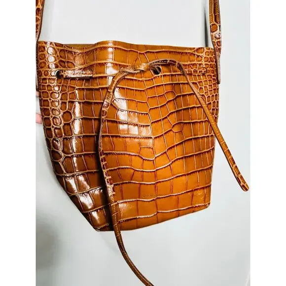 MANSUR GAVRIEL Brown Crocodile Embossed Drawstring Mini Bucket Bag Purse - Picture 5 of 14
